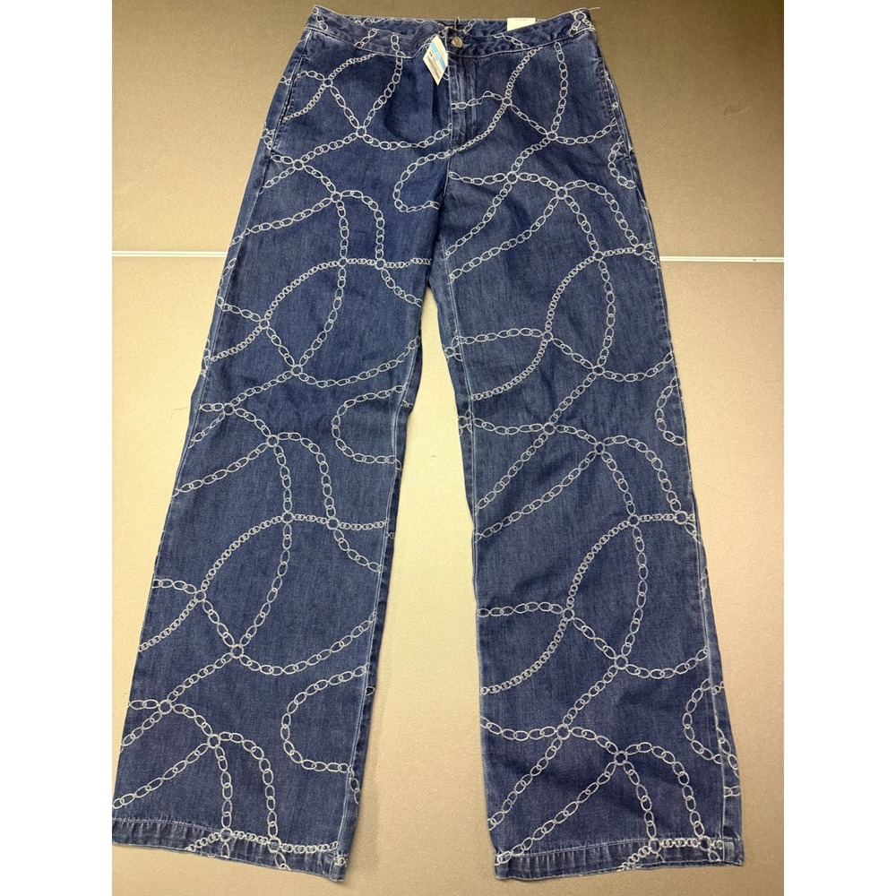 J.McLaughlin Everly Jeans Womens 10 Blue White Chain Print Wide Leg Denim New